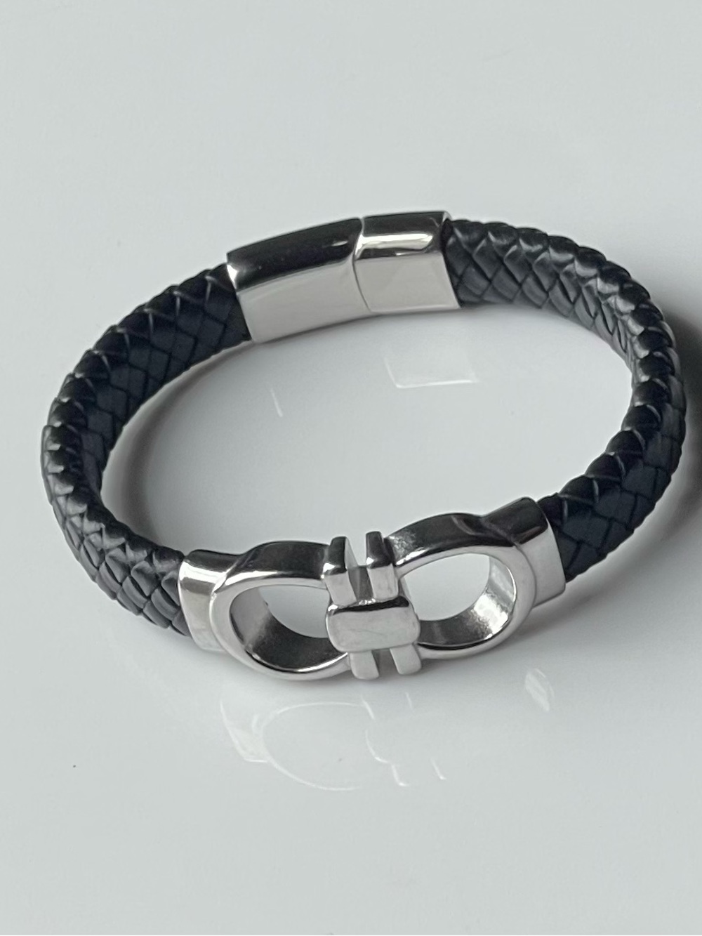 Men's Black Braided Leather Bracelet with Silver Clasp